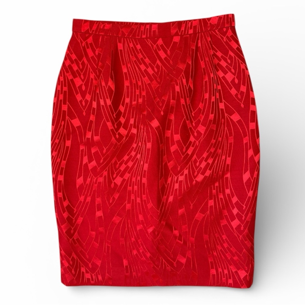 Vintage Louis Feraud Jacquard Red Midi Skirt Size 8